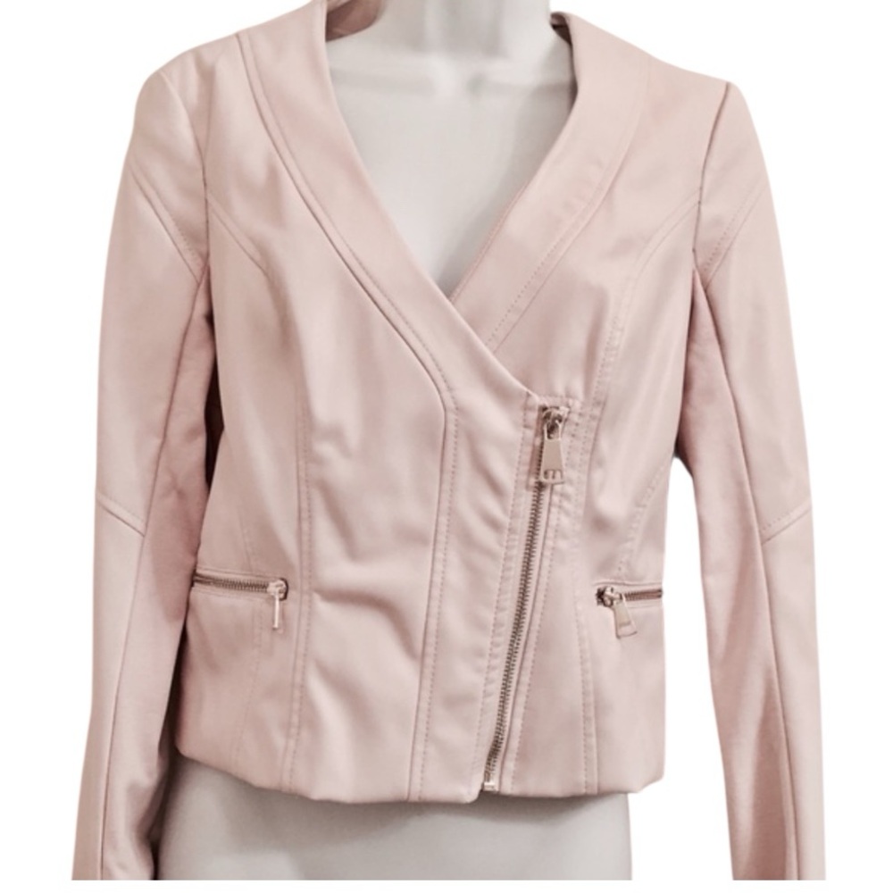 BEBE women’s AMANDA SUPER SEAMS FAUX PINK LEATHER JACKET sz S